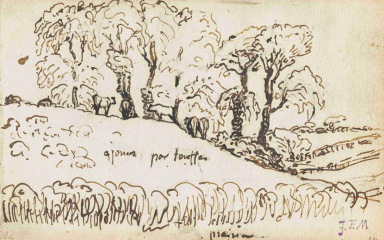 Cows under trees near Gruchy,Jean-François Millet,Sketch,Sketch, tree, monochrome, no humans, grass