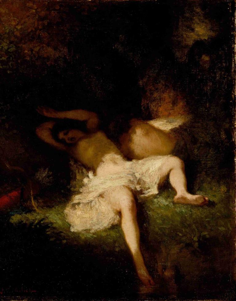 Diana Resting,Jean-François Millet,Oil Painting,Oil Painting, 1girl, solo, barefoot, dress, lying, grass