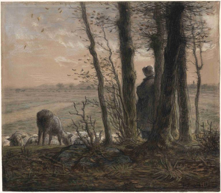 Falling Leaves,Jean-François Millet,Oil Painting,Oil Painting, tree, 1boy, male focus, outdoors