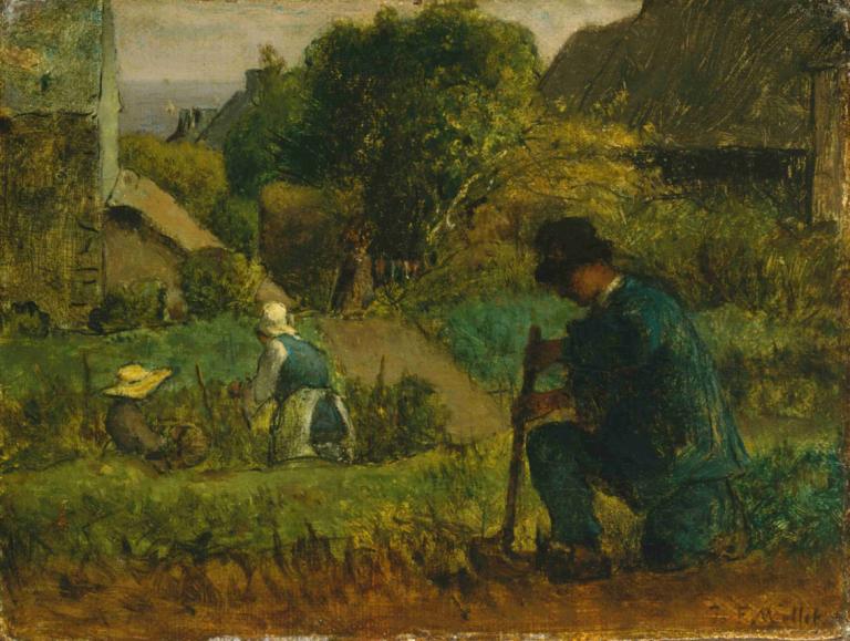 Garden Scene,Zahradní scéna,Jean-François Millet,Olejomalba,Olejomalba, venku, 1 kluk, blond vlasy, strom