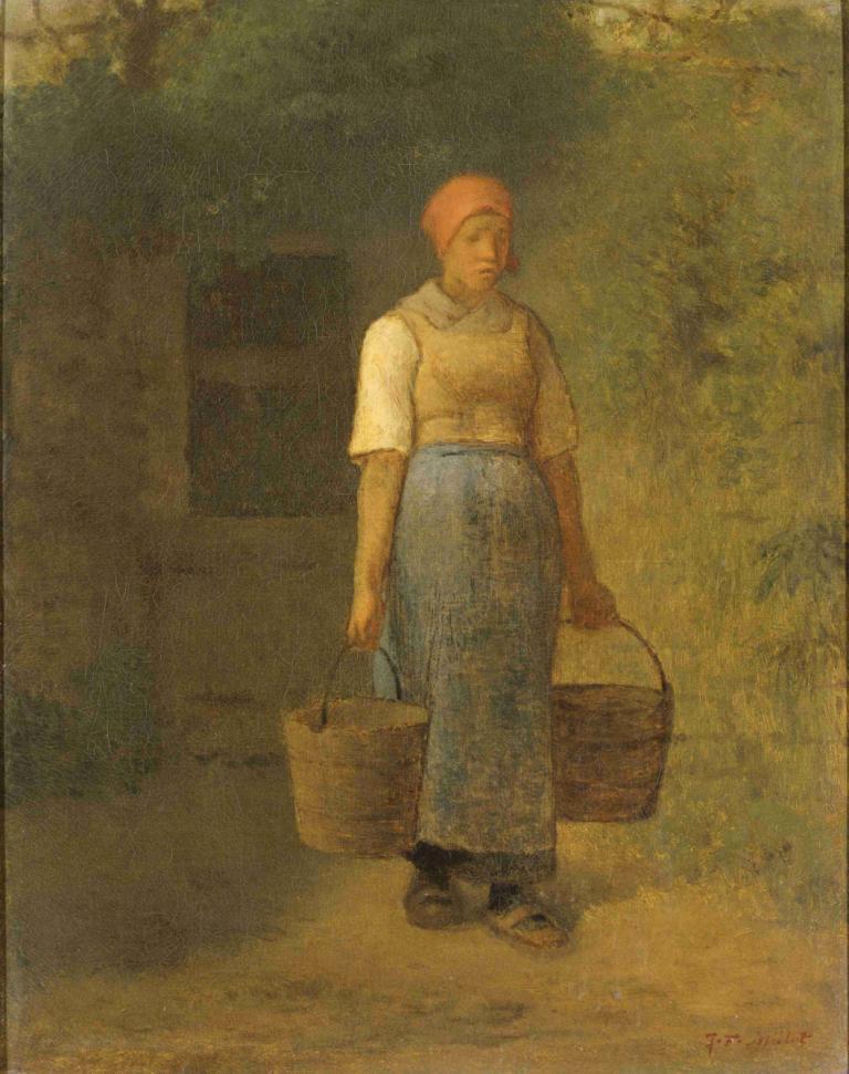 Girl carrying Water,Jean-François Millet,Oil Painting,Oil Painting, solo, shirt, 1boy, standing, male focus