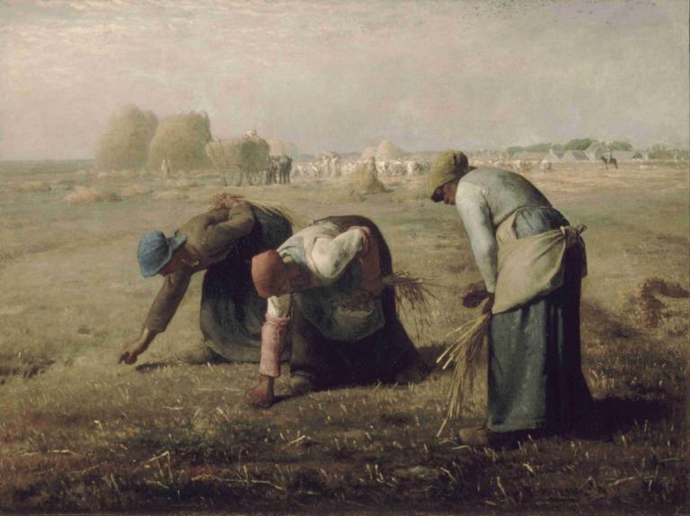 Gleaners,Jean-François Millet,Oil Painting,Oil Painting, outdoors, apron, hat, scenery, grass, multiple boys