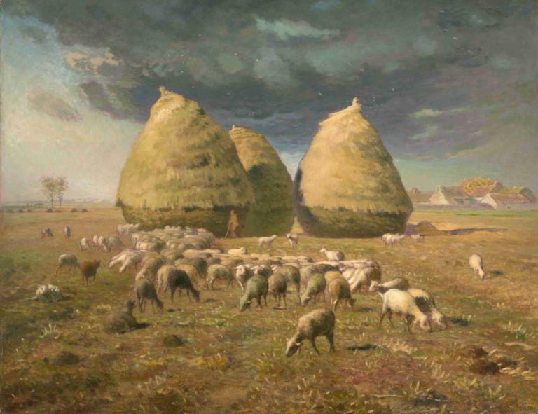 Haystacks; Autumn,Jean-François Millet,Oil Painting,Oil Painting, outdoors, scenery, sky, no humans, tree