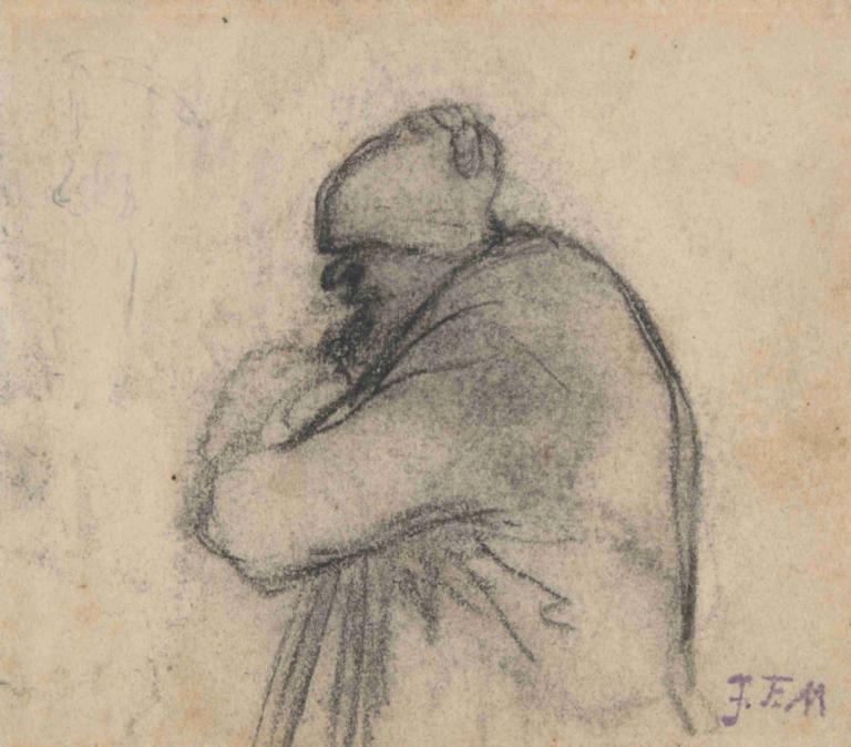 Old Man,Jean-François Millet,Sketch,Sketch, 1boy, male focus, solo, monochrome, hug, traditional media