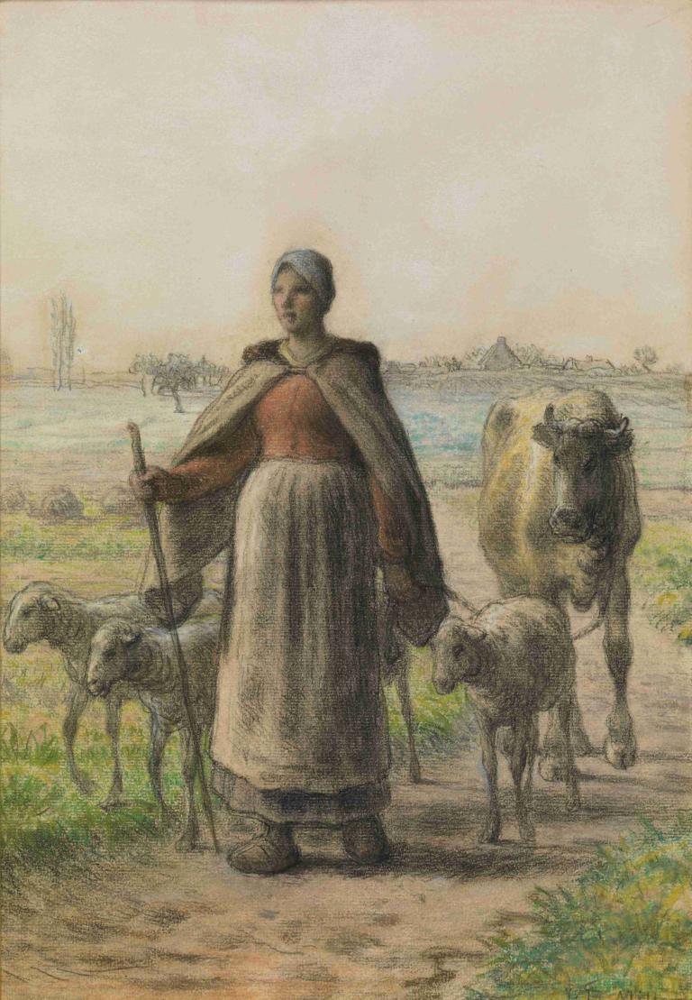 Paysanne Conduisant Aux Champs Sa Vache Et Ses Moutons,Jean-François Millet,Oil Painting,Oil Painting