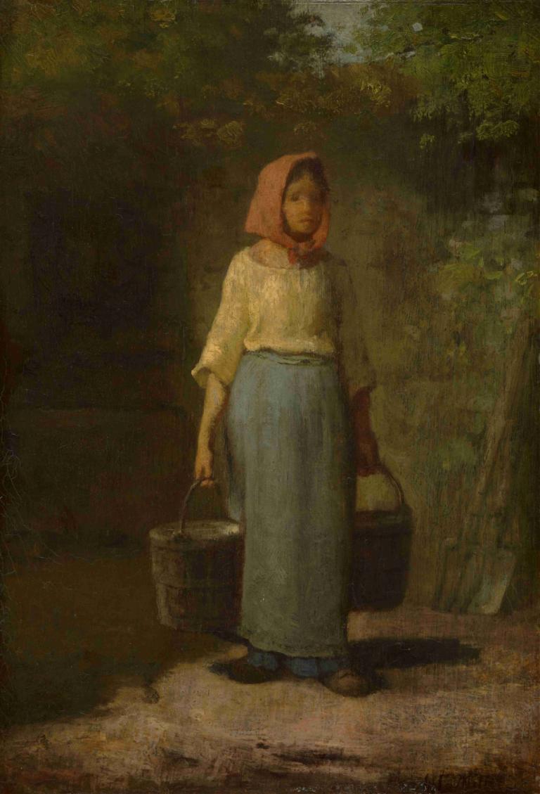 Peasant Girl Returning From The Well,Jean-François Millet,Oil Painting,Oil Painting, solo, hood, basket