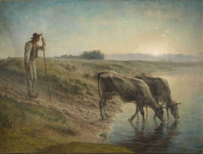 Peasant Watering his cows on the bank of the Allier River, dusk,Jean-François Millet,Oil Painting