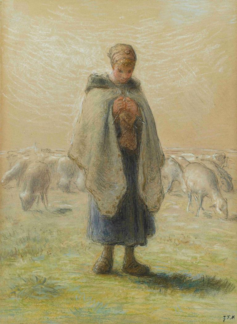 Petite bergère tricotant,Jean-François Millet,Oil Painting,Oil Painting, 1boy, male focus, solo, grass