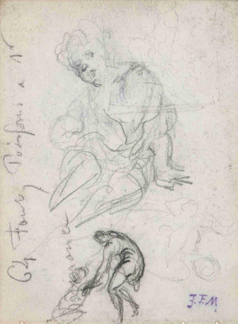 Seated Child and Other Studies,Anak Duduk dan Studi Lainnya,Jean-François Millet,Sketsa,Sketsa, sketsa