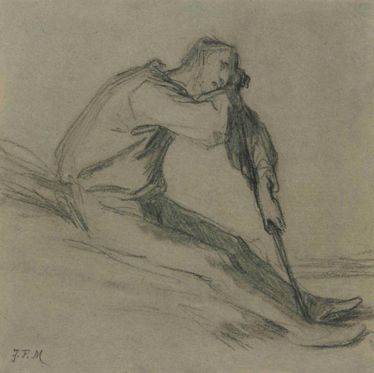 Seated Peasant Resting on a Hoe,Petani Duduk Beristirahat di Atas Cangkul,Jean-François Millet,Sketsa,Sketsa