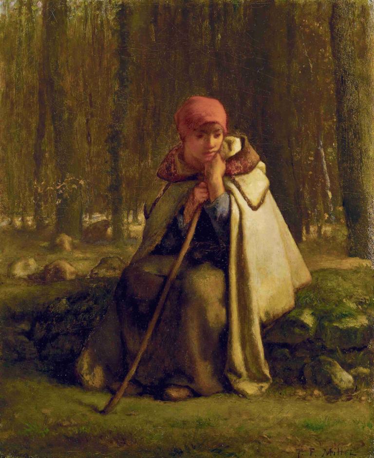 Seated Shepherdess,Sedeča pastirka,Jean-François Millet,Oljna slika,Oljna slika, 1 fant, solo, moški fokus