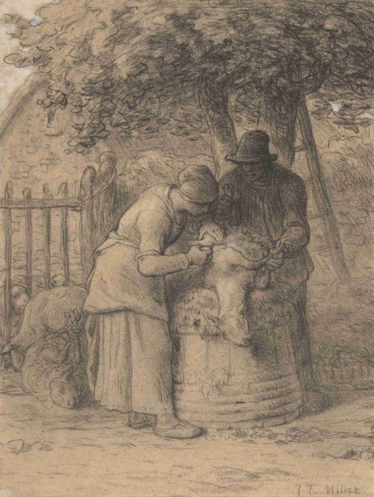 Sheepshearing Beneath a Tree,Mencukur Bulu Domba di Bawah Pohon,Jean-François Millet,Pengetsaan Pelat Tembaga