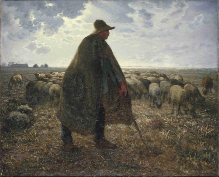 Shepherd Tending His Flock,Pastore che cura il suo gregge,Jean-François Millet,Pittura ad olio