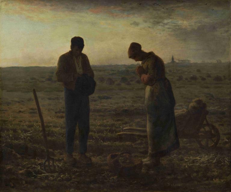 The Angelus,De Engel,Jean-François Millet,Olieverf,Olieverf, buitenshuis, jasje, jurk, 1meisje, broek