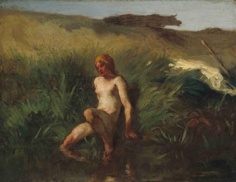 The Bather,De bader,Jean-François Millet,Olieverf,Olieverf, solo, 1meisje, naakt, gras, buitenshuis