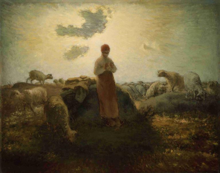 The Keeper of the Herd,De hoeder van de kudde,Jean-François Millet,Olieverf,Olieverf, 1meisje, solo, gras