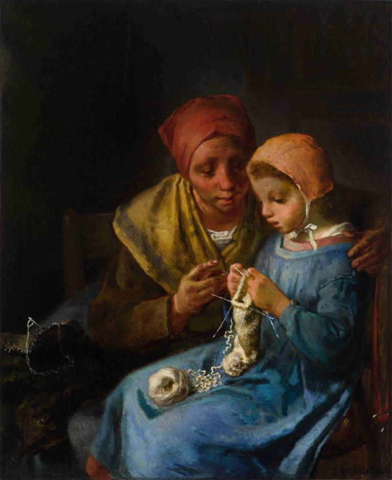 The Knitting Lesson,De breiles,Jean-François Millet,Olieverf,Olieverf, parodie op beeldende kunst, 1meisje