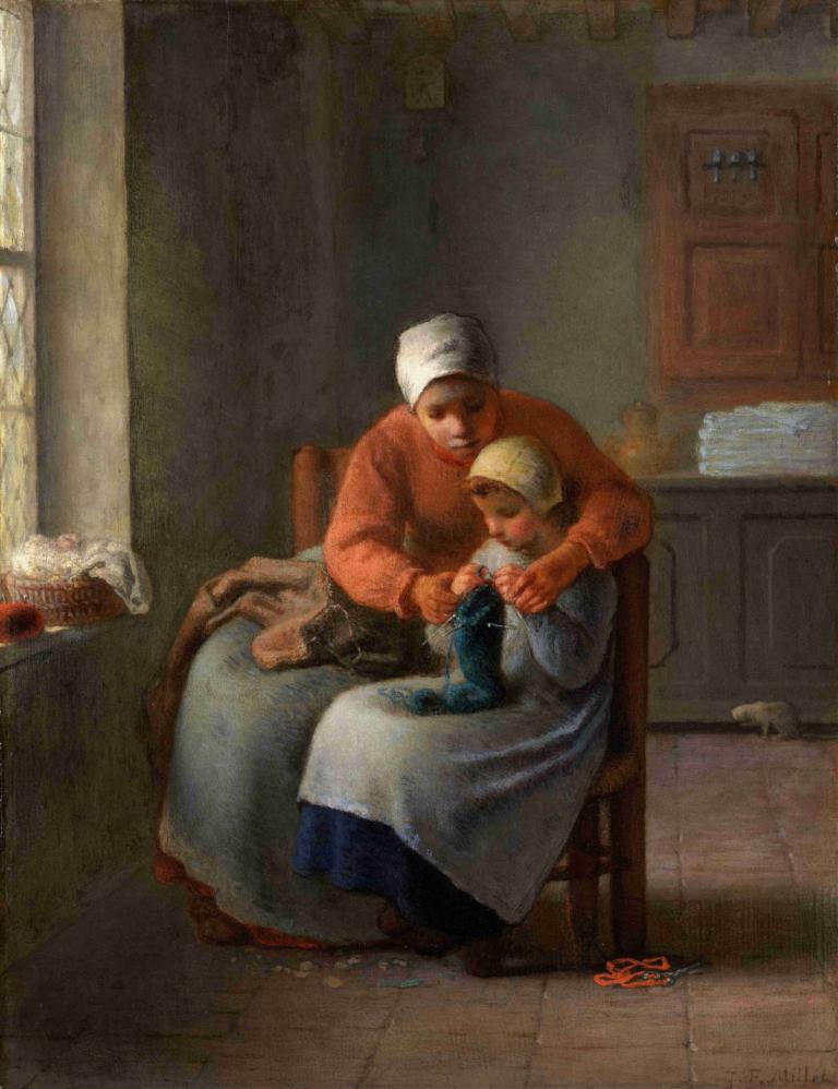 The Knitting Lesson,De breiles,Jean-François Millet,Olieverf,Olieverf, stoel, hoed, kind, zitten, binnenshuis