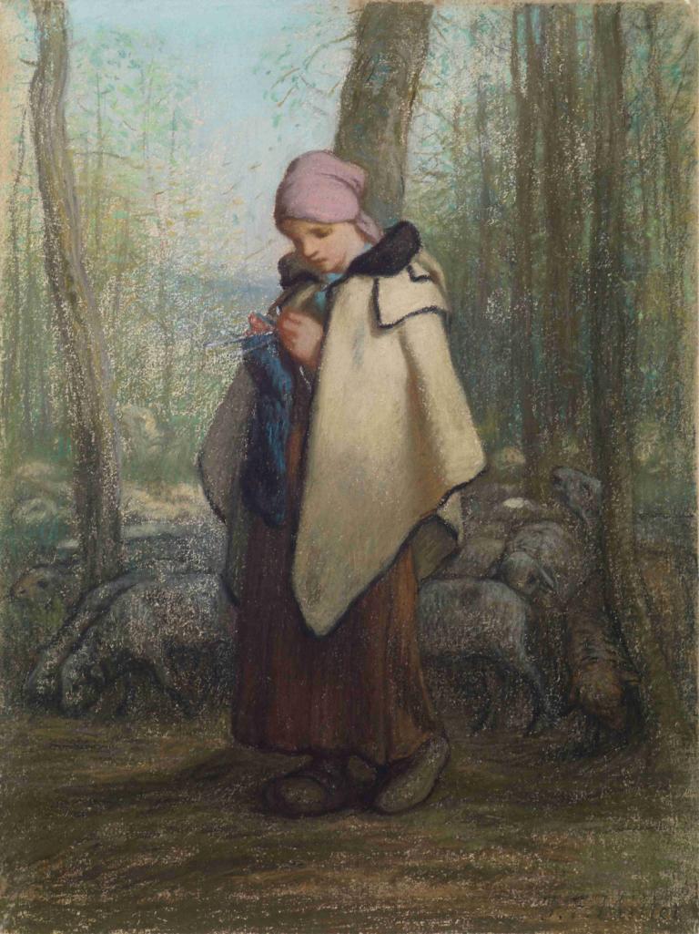 The Knitting Shepherdess,De breiende herderin,Jean-François Millet,Olieverf,Olieverf, boom, 1meisje, natuur