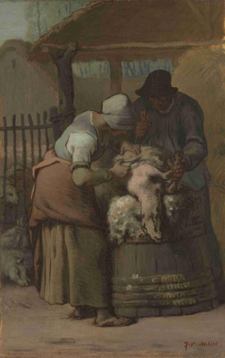 The Sheepshearers,De schapenhoeders,Jean-François Millet,Olieverf,Olieverf, 1meisje, hoed, staan, schutting