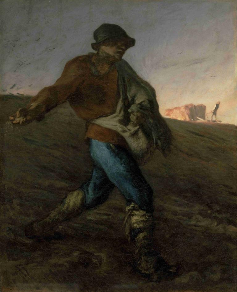 The Sower,撒种者,Jean-François Millet,让-弗朗索瓦-米莱,油画,油画, 1男孩, 帽子, 步行, 男性焦点, 裤子, 夹克, 牛仔布, 靴子, 跑步, 衬衫, 牛仔裤, 胡子, 户外