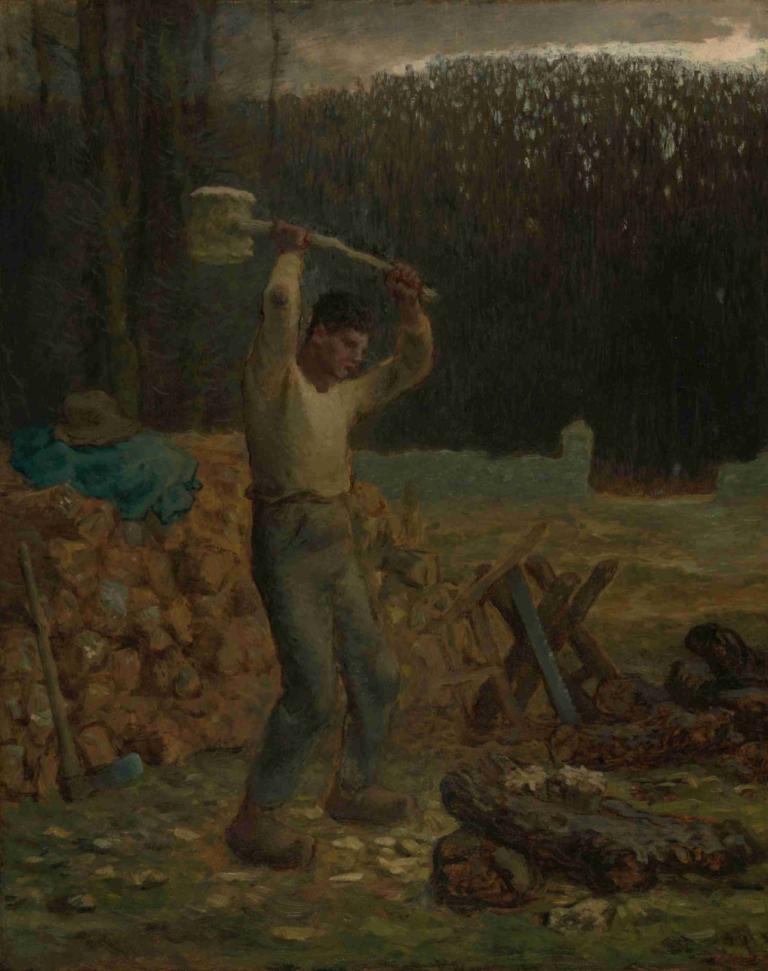 The Woodchopper,砍木机,Jean-François Millet,让-弗朗索瓦-米莱,油画,油画, 1男孩, 男性焦点, 独奏, 保持, 衬衫, 户外, 裤子, 黑发, 靴子, 常设, 铲, 举起双臂