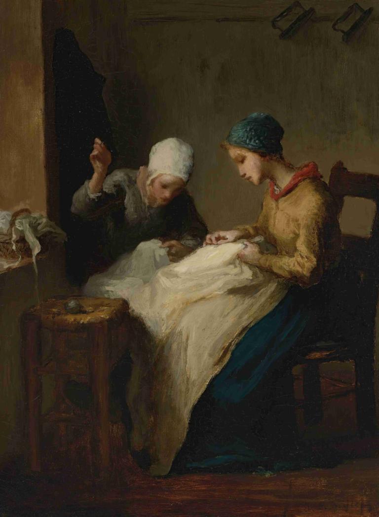 The young seamstresses,年轻的女裁缝,Jean-François Millet,让-弗朗索瓦-米莱,油画,油画, 美术模仿, 毯子, 坐着, 头巾, 床, 在室内, 多个男孩