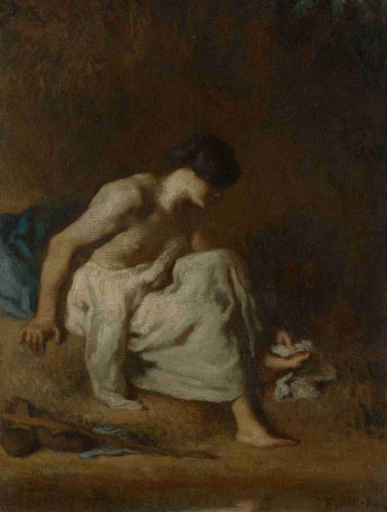 The Bather,浴缸,Jean-François Millet,让-弗朗索瓦-米莱,油画,油画, 1男孩, 男性焦点, 独奏, 黑发, 赤脚, 坐着, 裤子, 白衬衫, 白色裤子, 衬衫, 短发