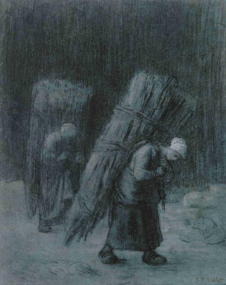 Women Carrying Faggots,Kvinnor som bär på bögar,Jean-François Millet,Oljemålning,Oljemålning, svartvit