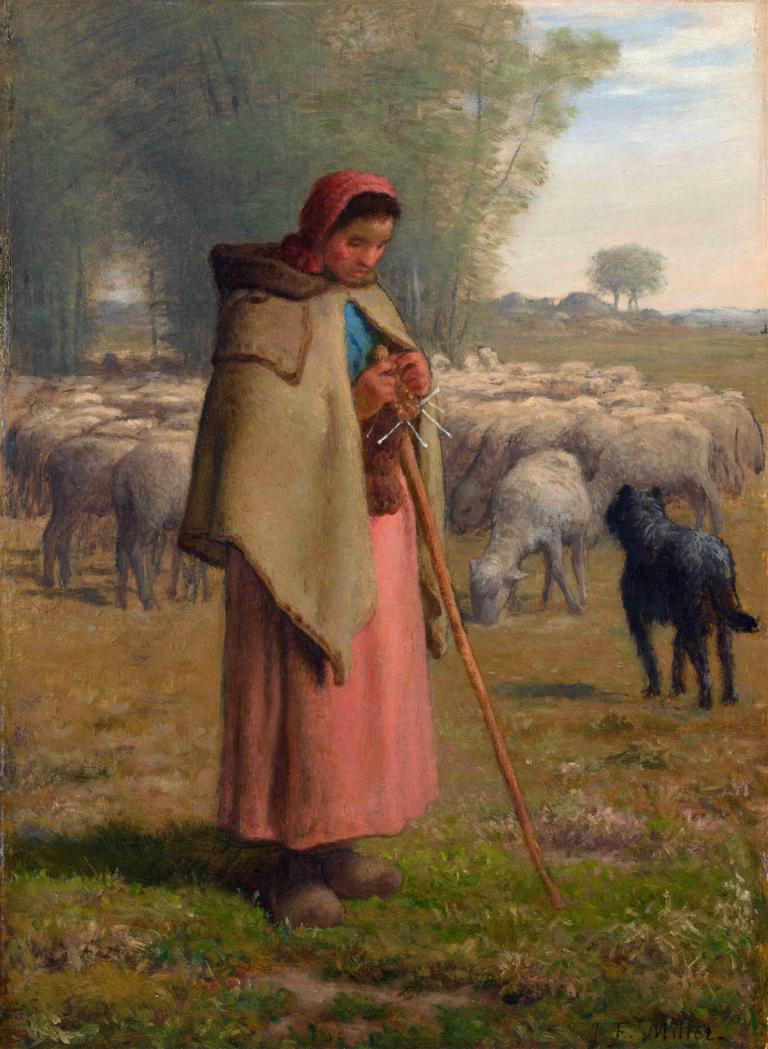 Young Girl Guarding Her Sheep,Ung flicka vaktar sina får,Jean-François Millet,Oljemålning,Oljemålning, träd