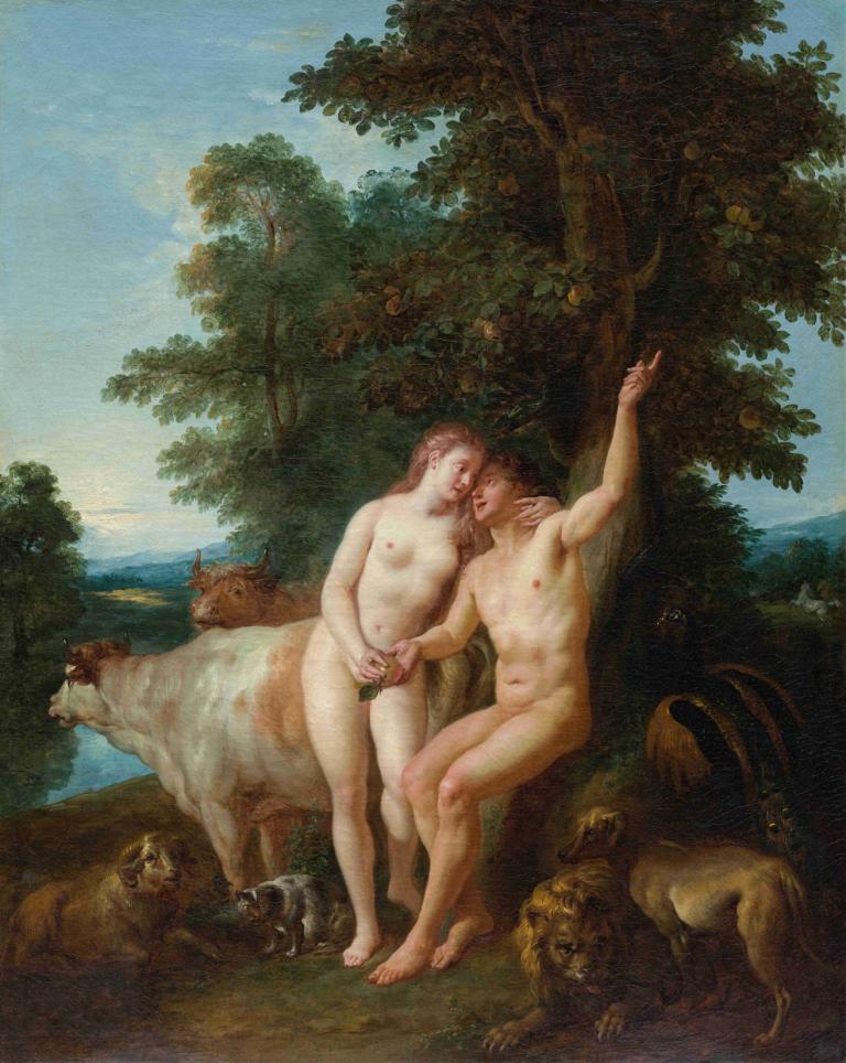 Adam and Eve,Jean-François de Troy,Oil Painting,Oil Painting, fine art parody, nude, tree, outdoors, nipples