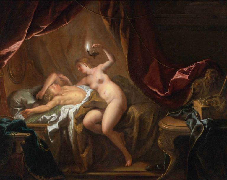 Cupid And Psyche,Jean-François de Troy,Oil Painting,Oil Painting, fine art parody, 1girl, nude, breasts