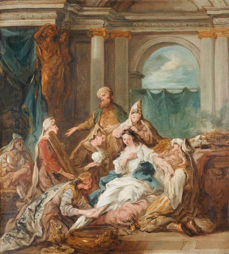 Esther at her toilet,화장실에서 에스더,Jean-François de Troy,장 프랑수아 드 트로이,오일 페인팅,오일 페인팅, 미술 패러디, 여러 소년, 여러 여자