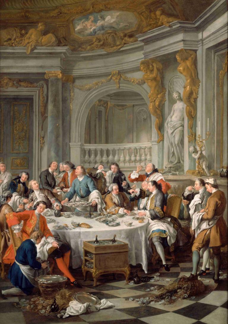 Le Déjeuner d’huîtres,Oester Lunch,Jean-François de Troy,Olieverf,Olieverf, parodie op beeldende kunst, tafel