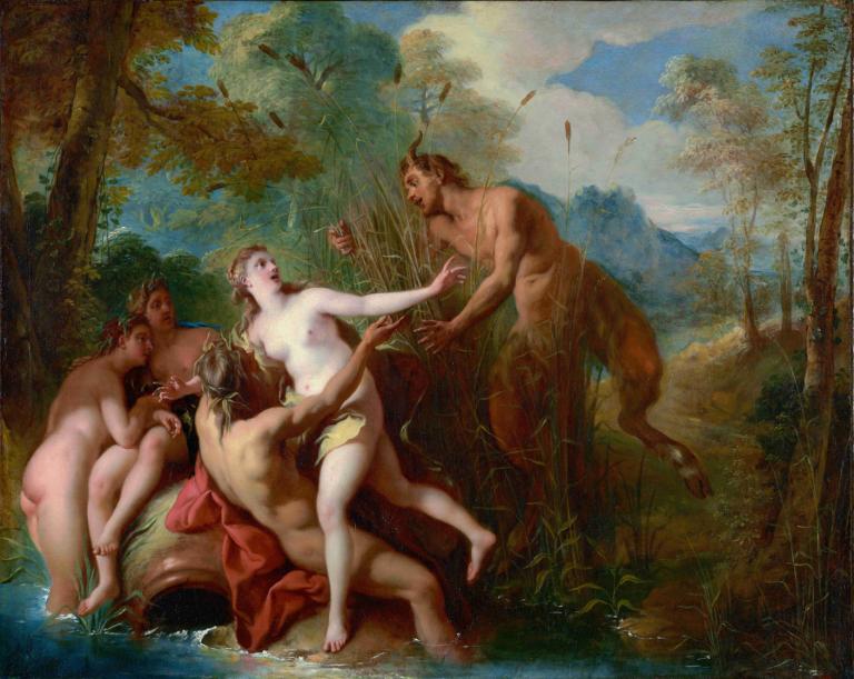 Pan and Syrinx,Pan og Syrinx,Jean-François de Troy,Oliemaleri,Oliemaleri, kunstparodi, parodi, nøgen, bryster