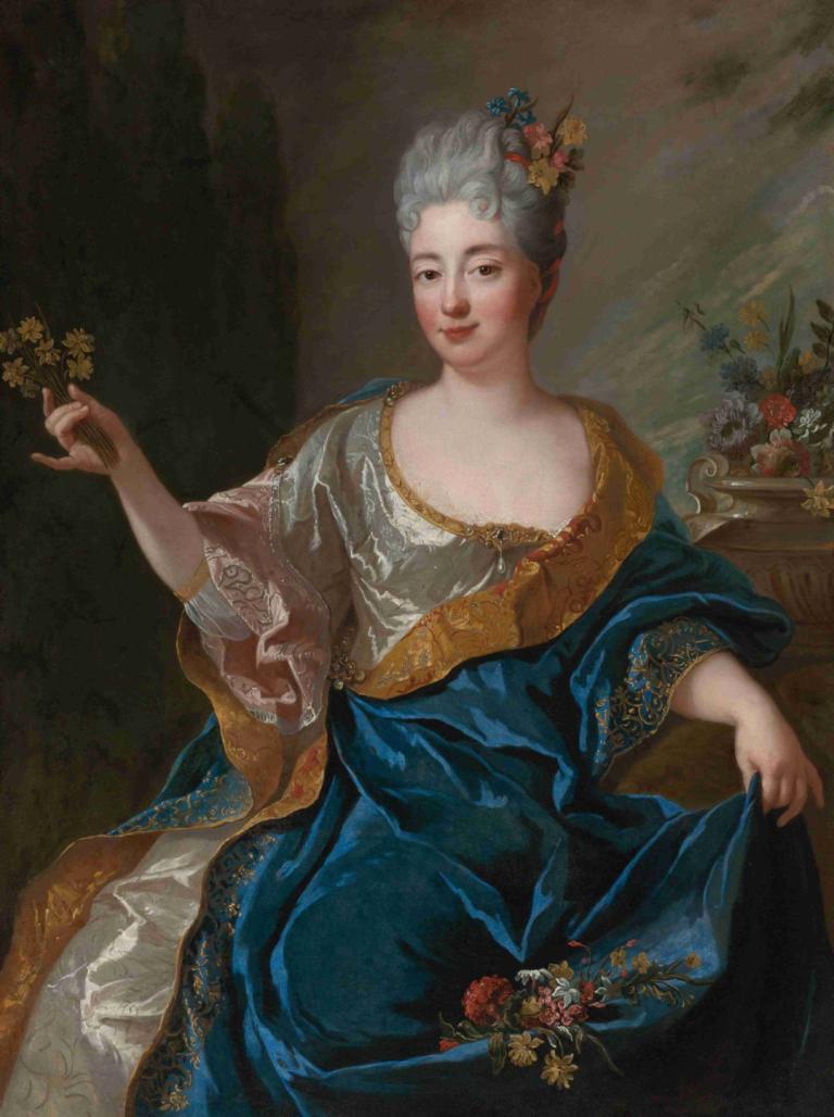 Portrait Of A Lady,貴婦人の肖像,Jean-François de Troy,ジャン＝フランソワ・ド・トロワ,油絵,油絵, 1女の子, 美術パロディ, ソロ, 花, ドレス, 髪飾り, 現実的な