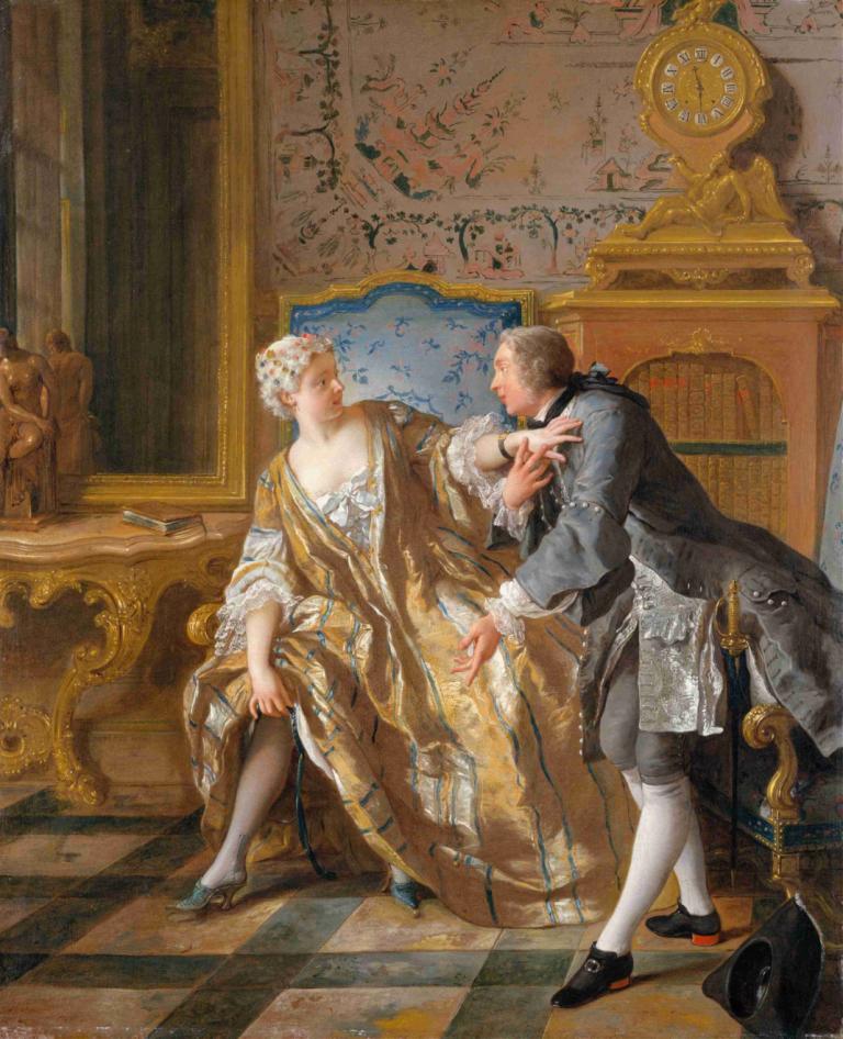 The Garter,Jean-François de Troy,Oil Painting,Oil Painting, fine art parody, blonde hair, sitting