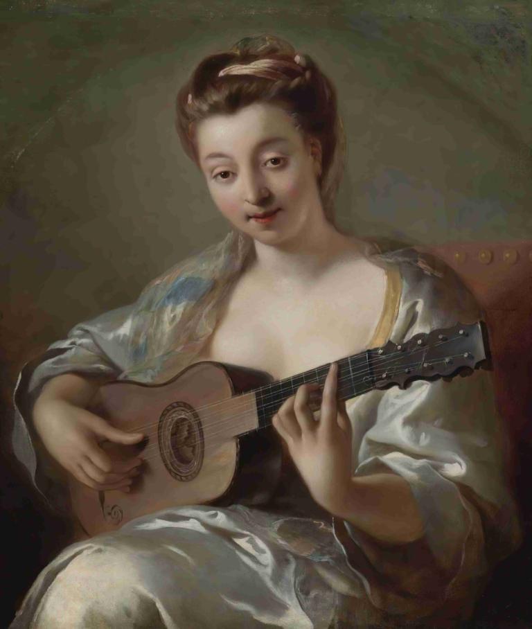 The Guitar Player,Jean-François de Troy,Oil Painting,Oil Painting, 1girl, solo, instrument, fine art parody