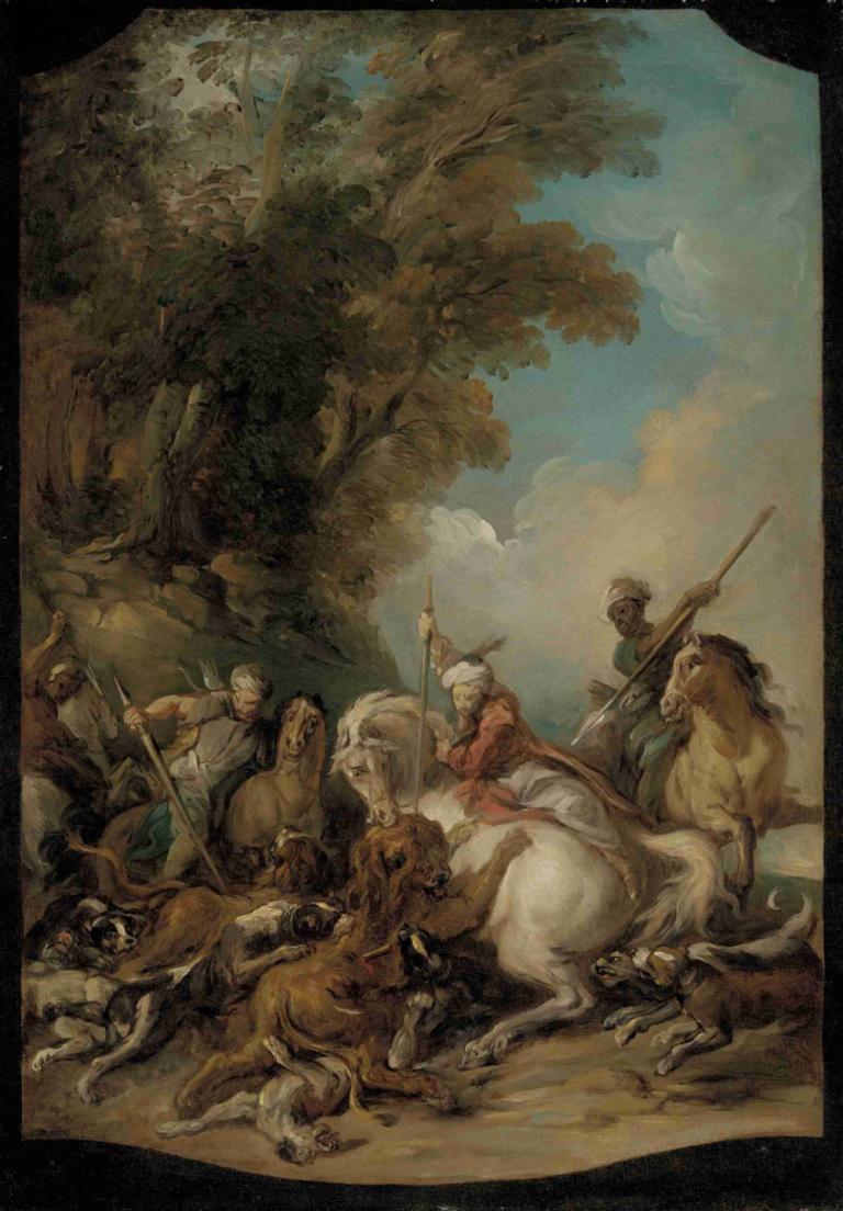 The Lion Hunt,Jean-François de Troy,Oil Painting,Oil Painting, tree, riding, horse, weapon, horseback riding