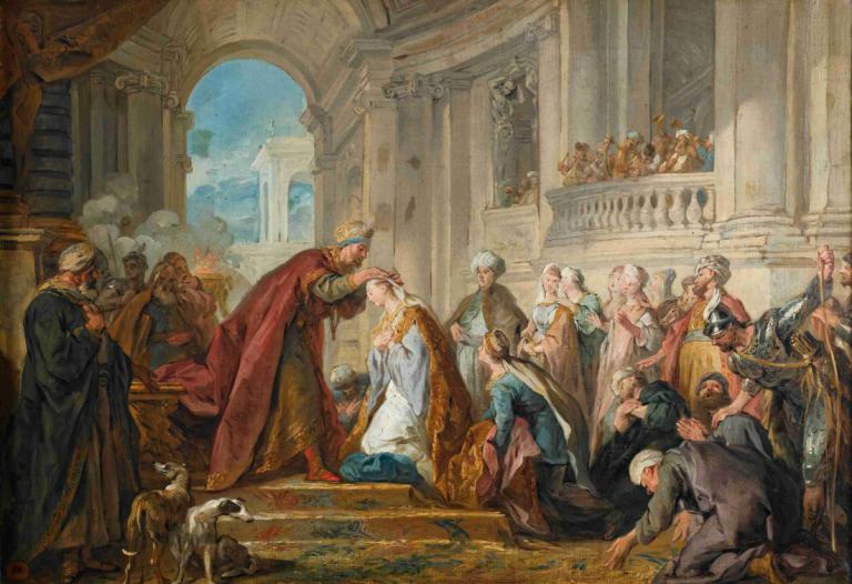 The crowning of Esther,Koronacja Estery,Jean-François de Troy,Obraz olejny,Obraz olejny, wielu chłopców