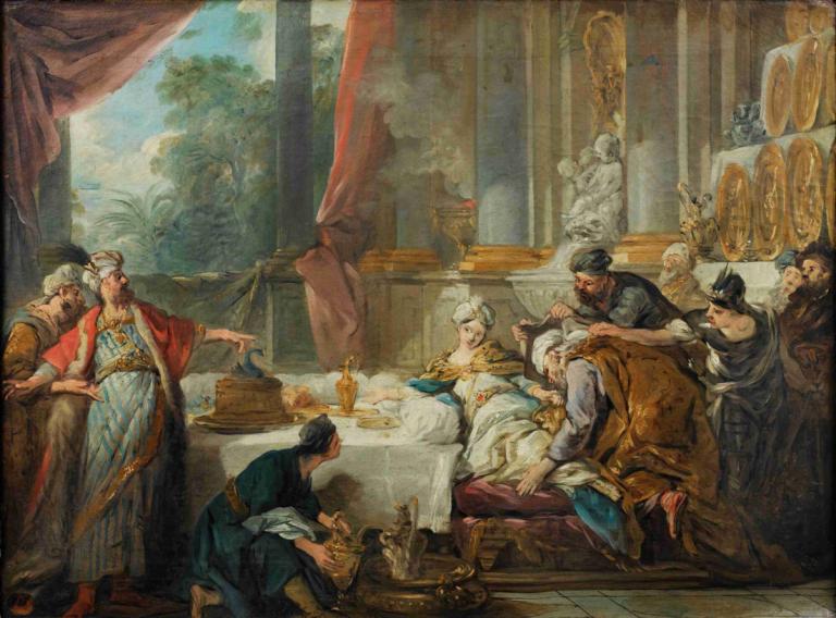 The sentencing of Aman,Straffeutmålingen til Aman,Jean-François de Troy,Oljemaleri,Oljemaleri, kunstparodi