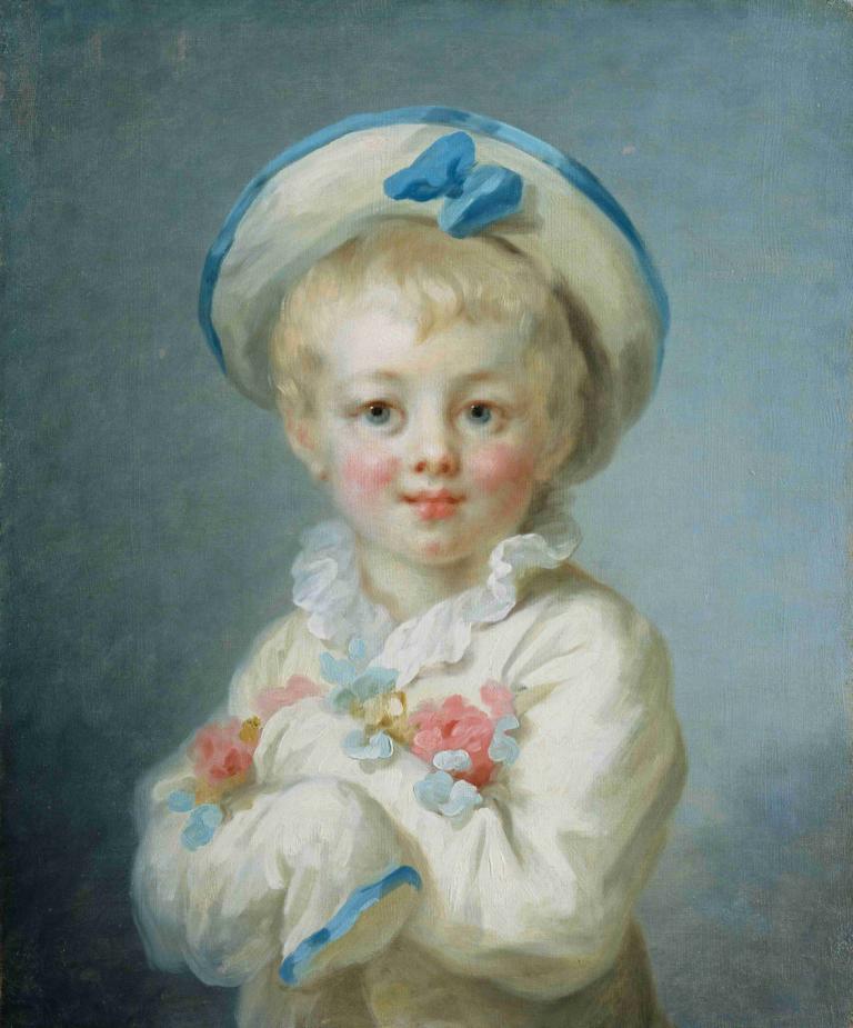 A Boy as Pierrot,飾演皮埃羅的男孩,Jean-Honoré Fragonard,讓-奧諾雷·弗拉戈納爾,油畫,油畫, 獨奏, 帽子, 1個女孩, 金髮, 花, 實際的, 藍眼睛, 臉紅, 看著觀眾