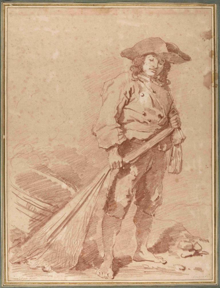 A Fisherman Pulling a Net,Jean-Honoré Fragonard,Copperplate Etching,Copperplate Etching, barefoot, solo, hat