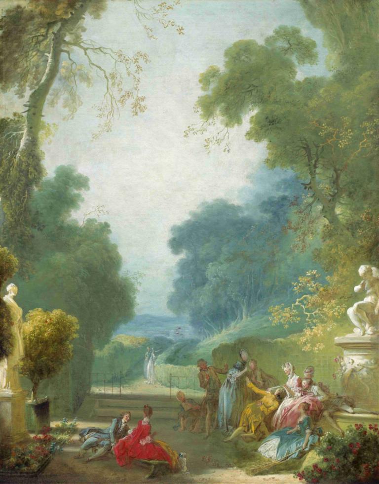 A Game of Hot Cockles,Jean-Honoré Fragonard,Oil Painting,Oil Painting, tree, multiple girls, horse, outdoors