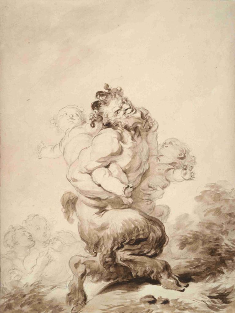 A Satyr Teased by Two Putti,Jean-Honoré Fragonard,Copperplate Etching,Copperplate Etching, baby