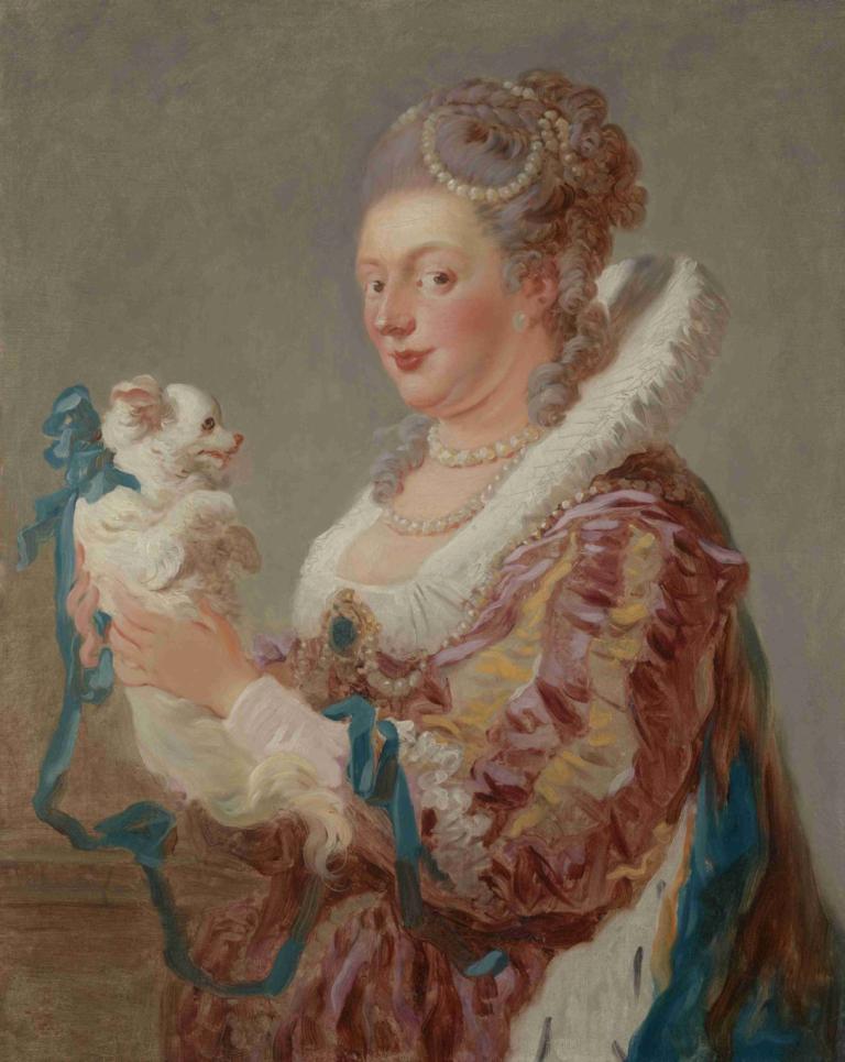 A Woman with a Dog,Jean-Honoré Fragonard,Oil Painting,Oil Painting, 1girl, holding animal, jewelry, necklace