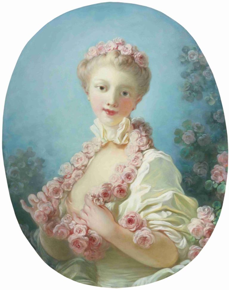 A Young Blonde Woman With a Garland of Roses Around Her Neck