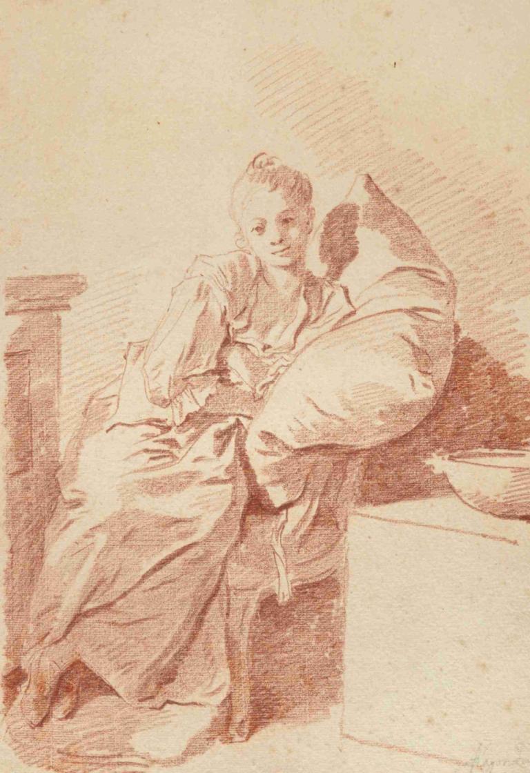 A young girl seated in an interior, leaning against a pillow,En ung jente satt i et interiør