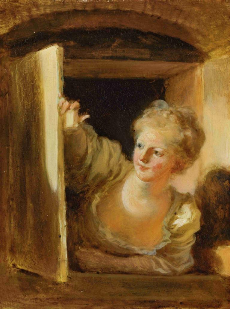 A young woman leaning out of a window,一名年輕女子將身子探出窗外,Jean-Honoré Fragonard,讓-奧諾雷·弗拉戈納爾,油畫,油畫, 獨奏, 1個女孩, 老婦人