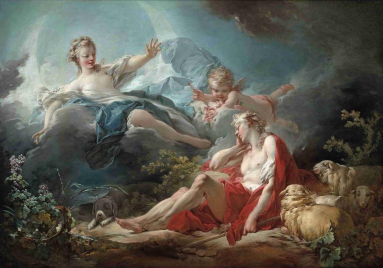 Diana and Endymion,戴安娜和恩迪米翁,Jean-Honoré Fragonard,讓-奧諾雷·弗拉戈納爾,油畫,油畫, 美術模仿, 金髮, 戲仿, 多個女孩, 赤腳, 實際的, 乳房, 裙子, 花